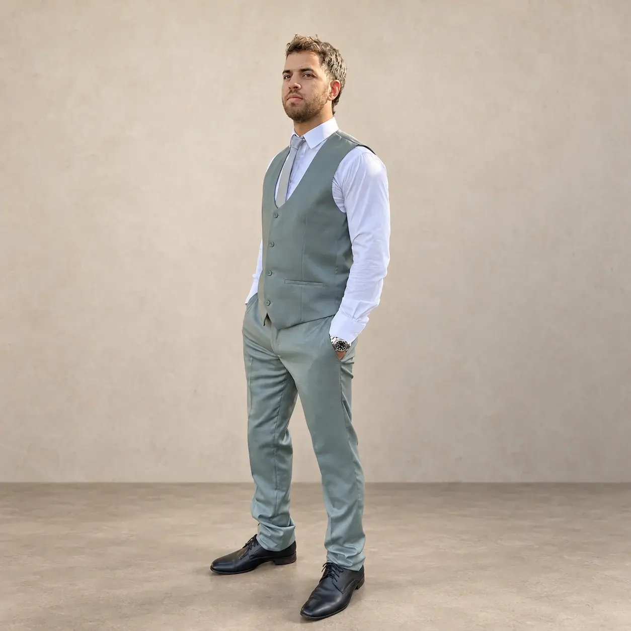 Hombre con chaleco y pantalón verde grisáceo