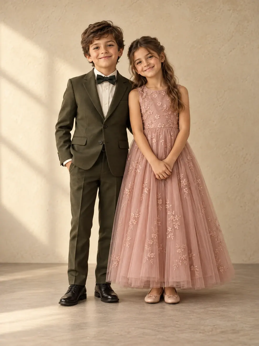 Niño con traje oliva y moño junto a una niña con vestido de gala rosa empolvado