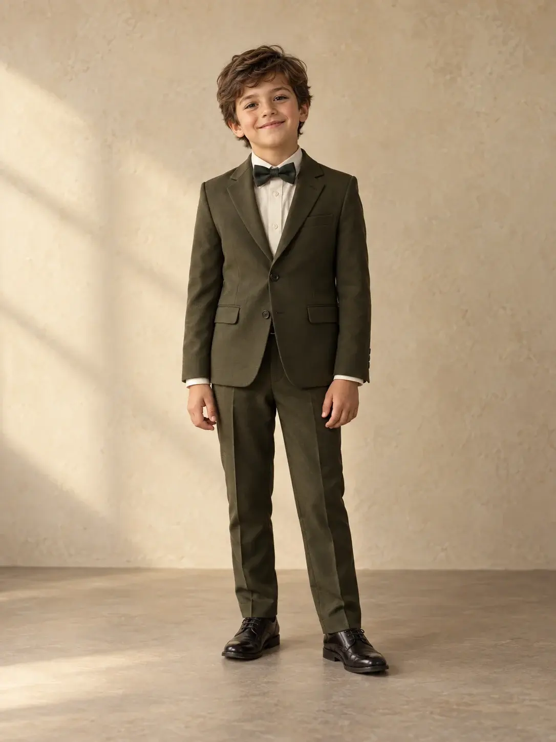 Niño con traje oliva y moño