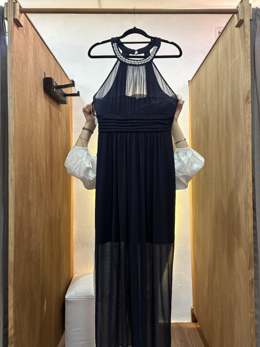 Vestido azul oscuro largo cuello redondo con perlas