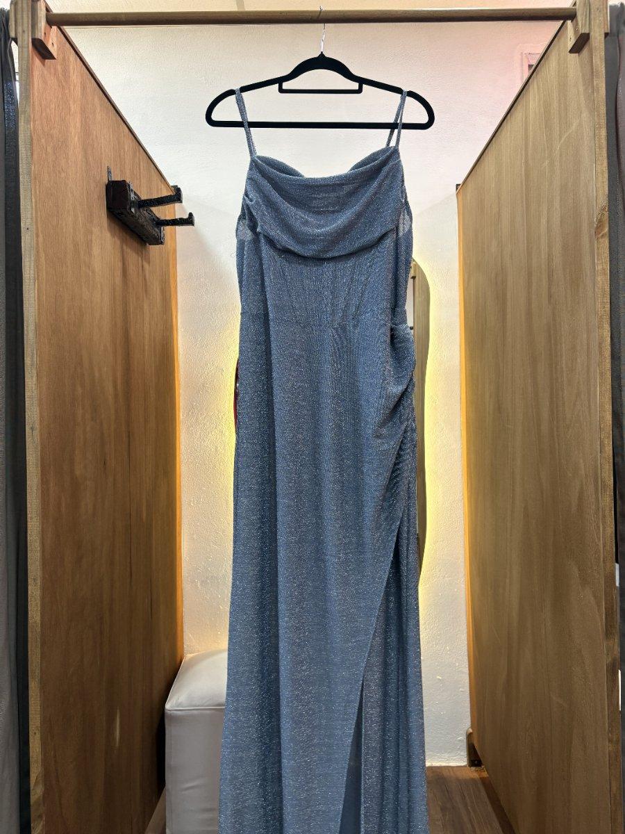 Vestido celeste simulacion de corset con brillos
