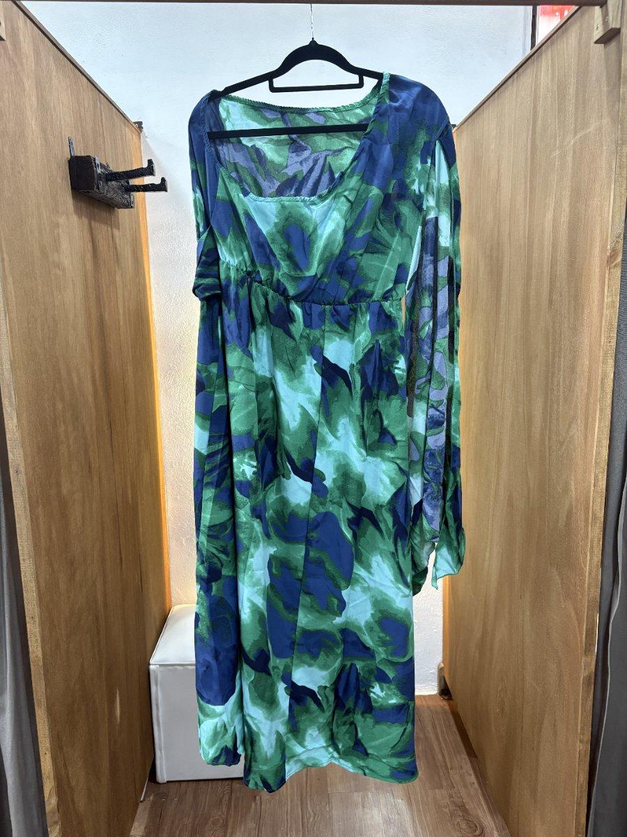 Vestido tono azul/verde con estampado, un hombro