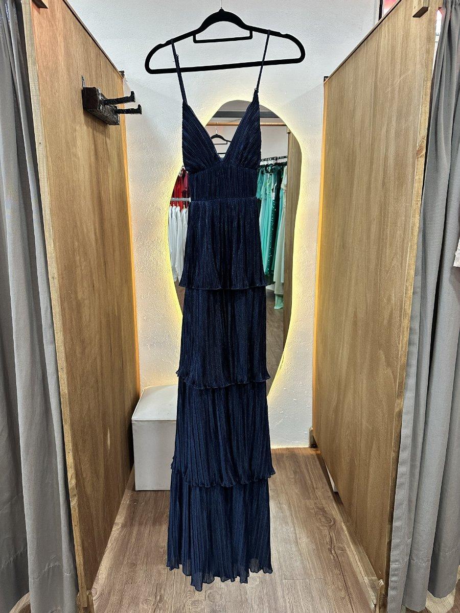 Vestido largo azul con bolados