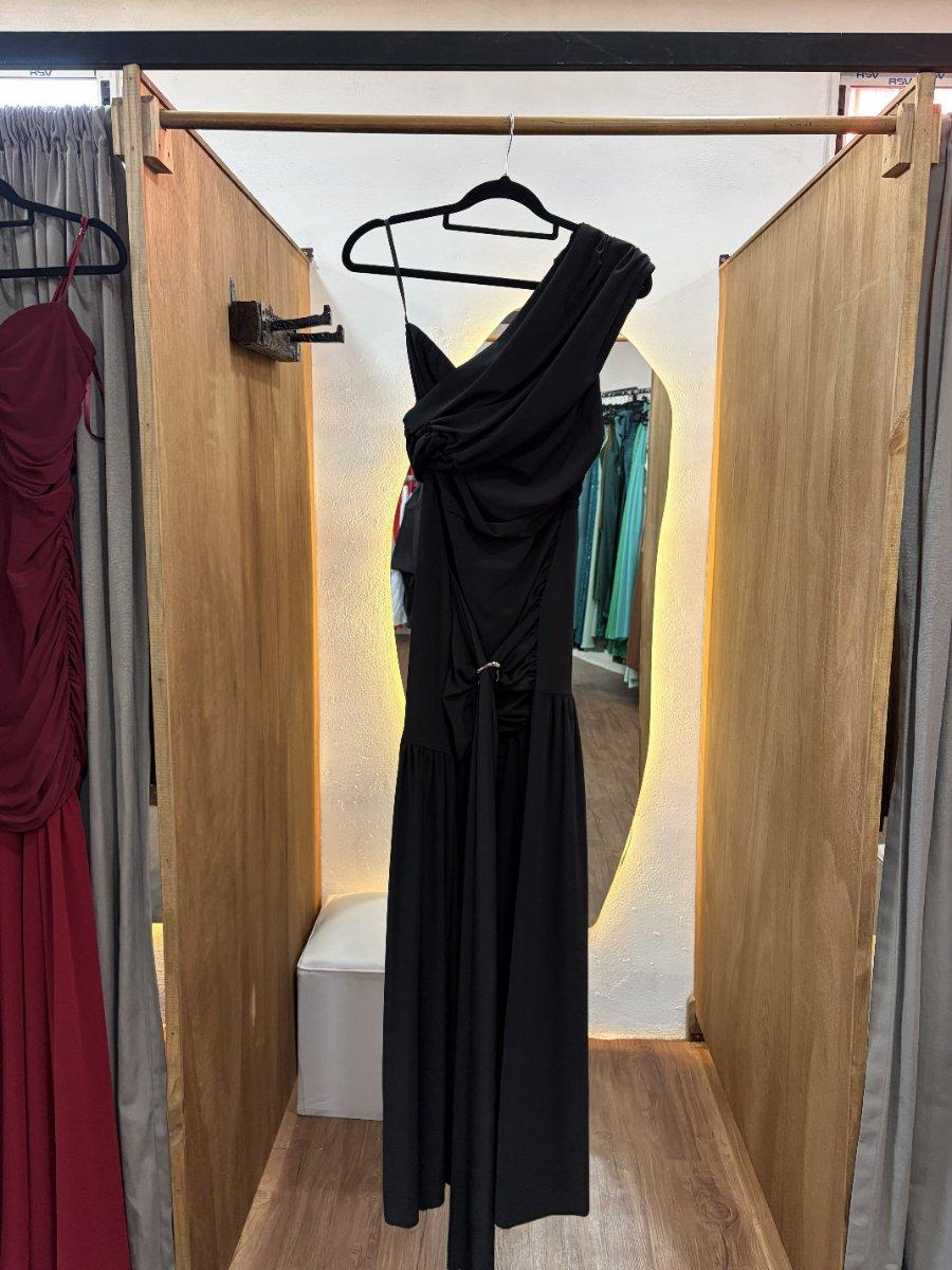Vestido largo azul con detalle en la cintura y con bandó