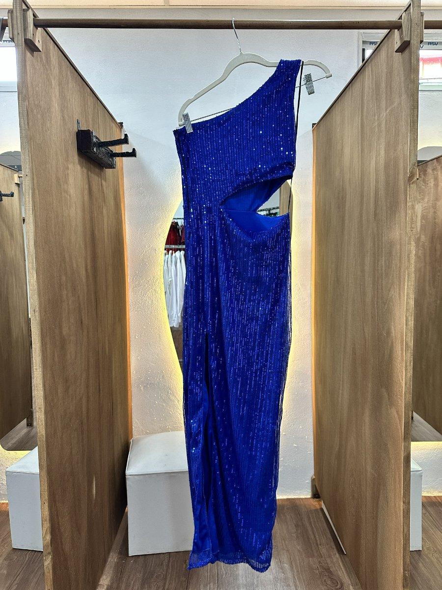 Vestido azul con lentejuelas con abertura en la cintura